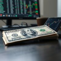 US dollar bill and smartphone showing financial chart with candlesticks on a wooden desk