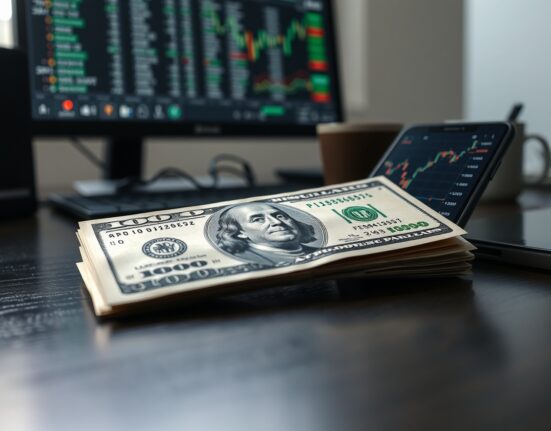 US dollar bill and smartphone showing financial chart with candlesticks on a wooden desk