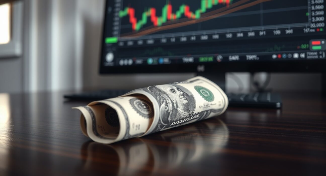US dollar bill on desk with forex chart on monitor in background