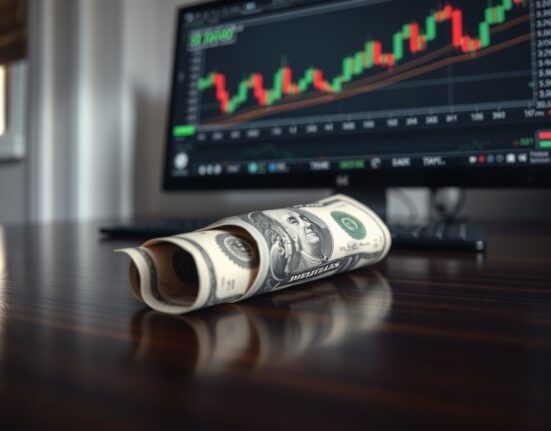 US dollar bill on desk with forex chart on monitor in background