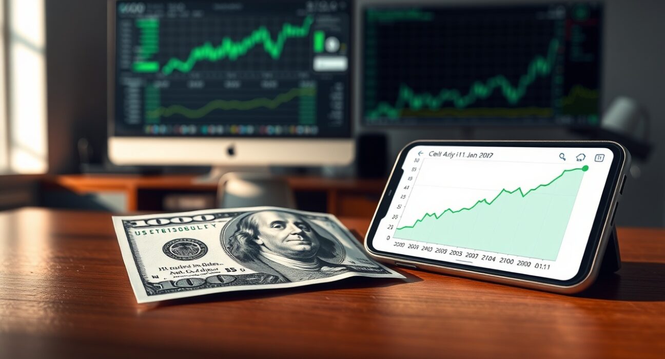 US Dollar banknote and smartphone with financial chart showing upward trend