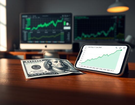 US Dollar banknote and smartphone with financial chart showing upward trend