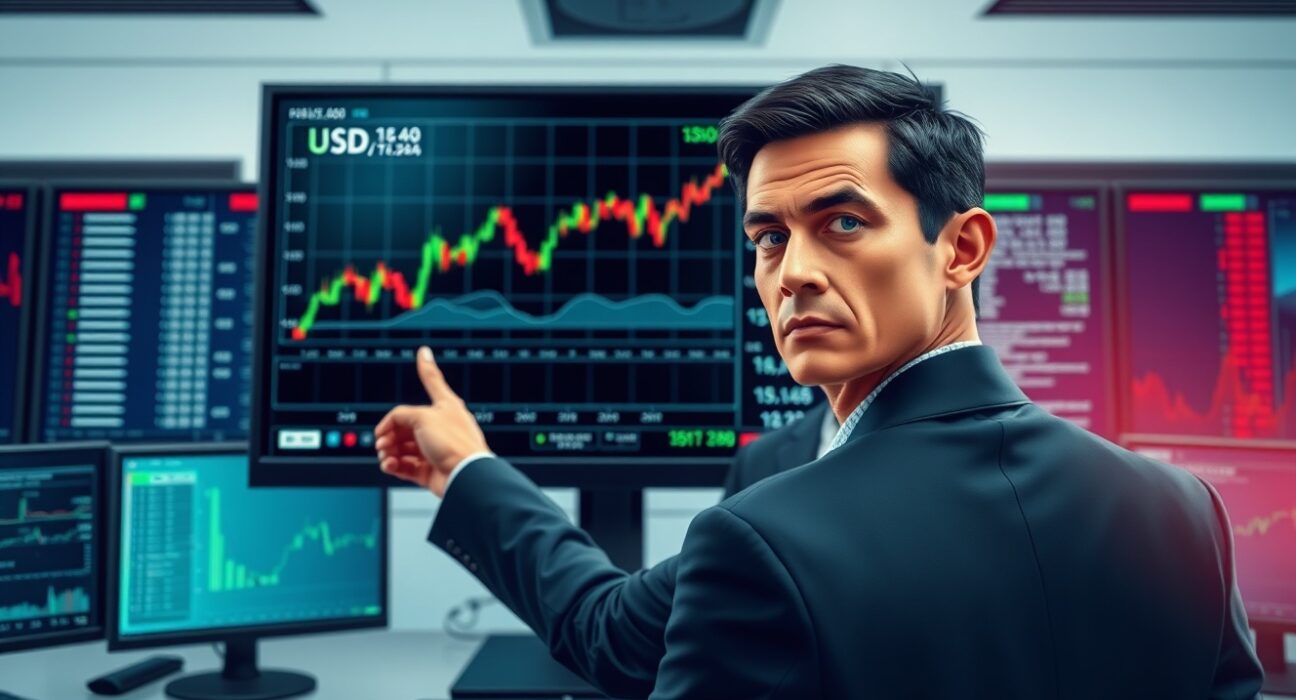 Financial analyst monitoring US Dollar surge on trading charts ahead of Non-Farm Payrolls report