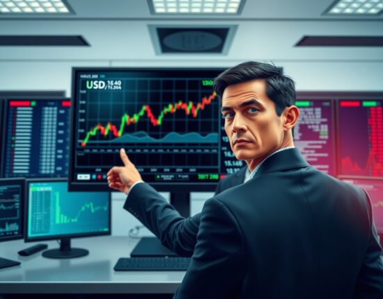 Financial analyst monitoring US Dollar surge on trading charts ahead of Non-Farm Payrolls report