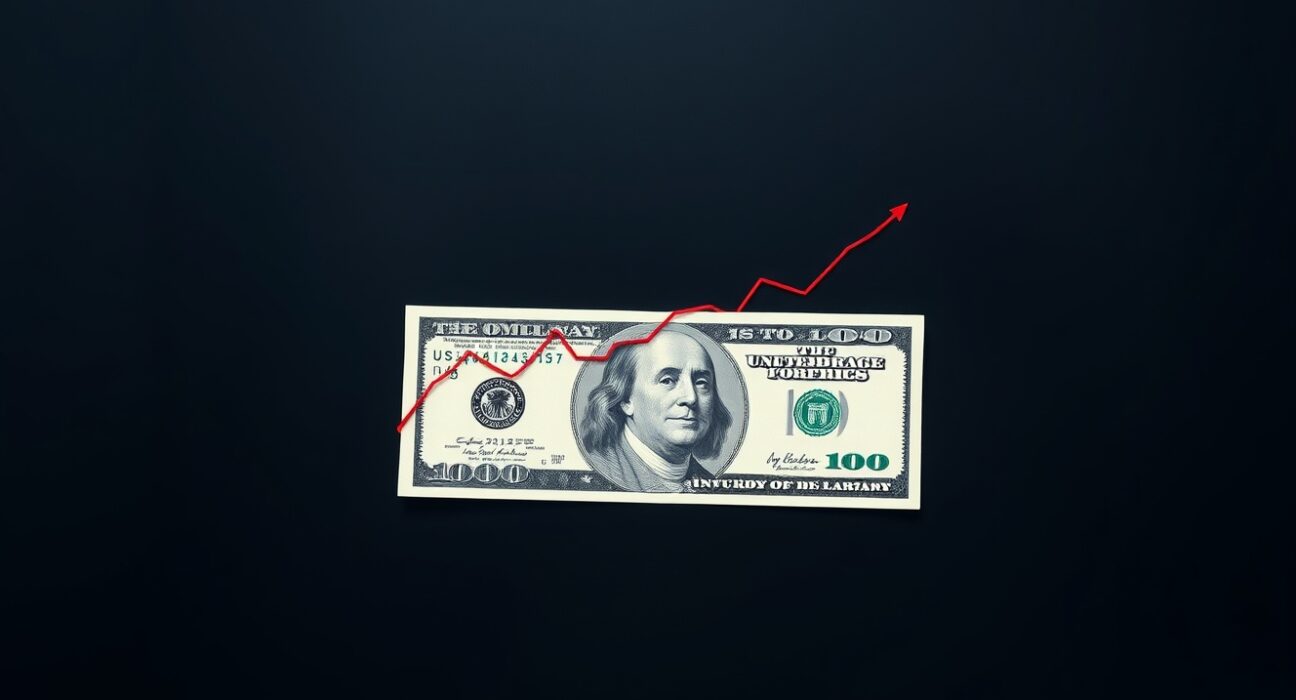 US Dollar banknote with rising inflation graph on dark background