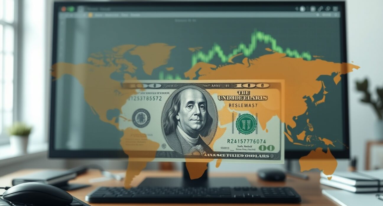 US dollar banknote on an analyst desk with a world map and chart in background