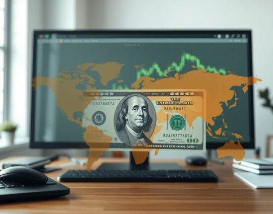 US dollar banknote on an analyst desk with a world map and chart in background