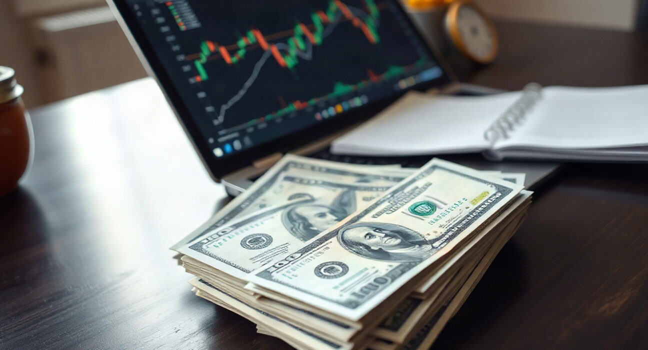 US dollar banknotes with a laptop showing a forex chart in the background
