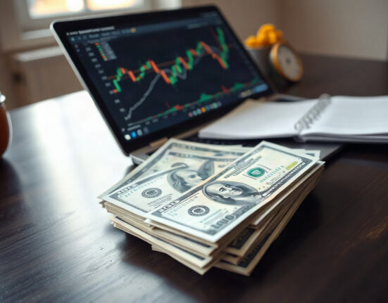 US dollar banknotes with a laptop showing a forex chart in the background