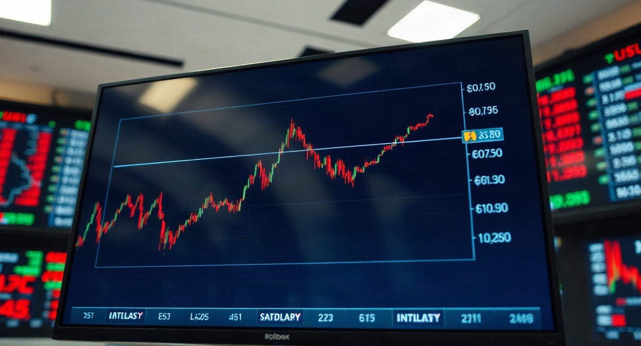 US Dollar index chart on a trading screen in a newsroom, illustrating range-bound trading.