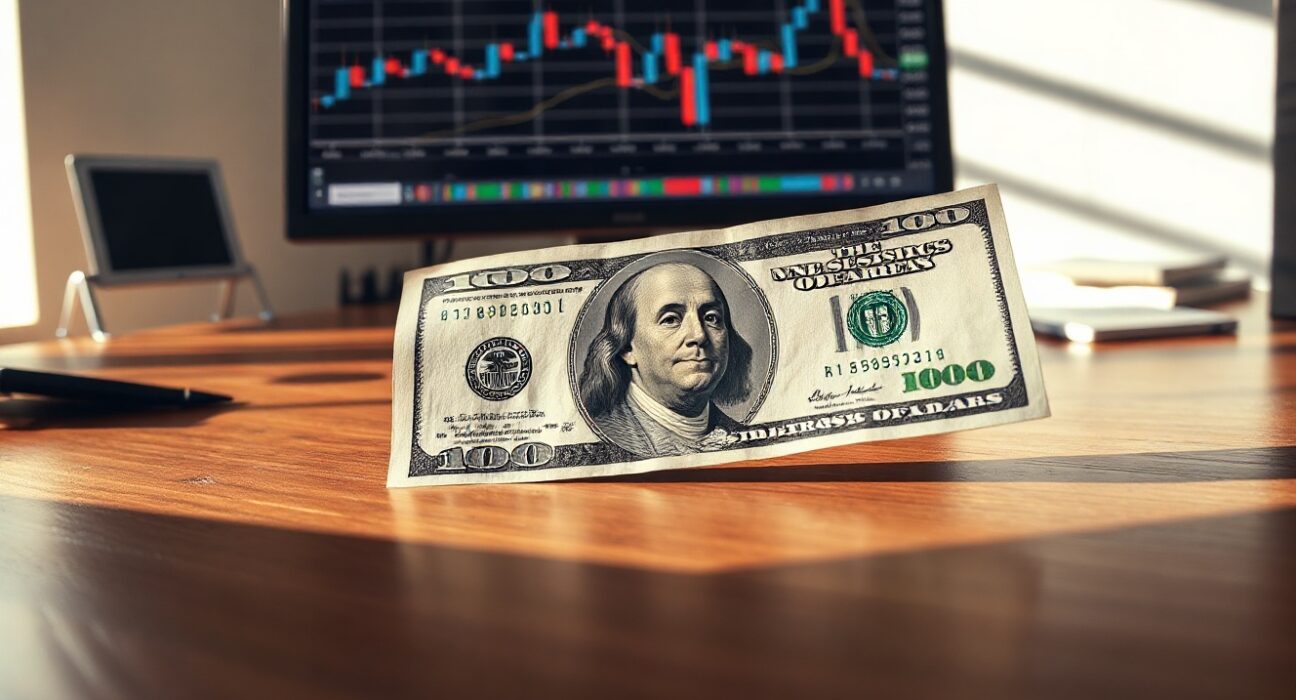 US dollar banknote with financial chart showing range-bound trading pattern on desk