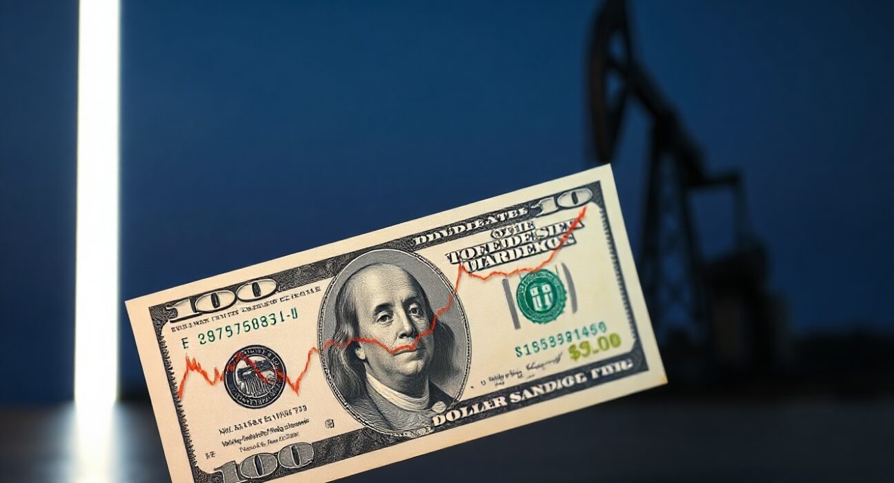 US dollar banknote overlapping a financial chart with oil derrick silhouette, illustrating currency and oil correlation.