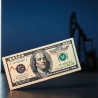 US dollar banknote overlapping a financial chart with oil derrick silhouette, illustrating currency and oil correlation.