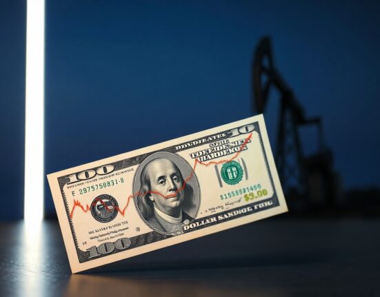 US dollar banknote overlapping a financial chart with oil derrick silhouette, illustrating currency and oil correlation.