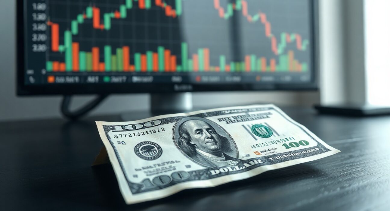 US dollar banknote on desk with forex chart on monitor in background