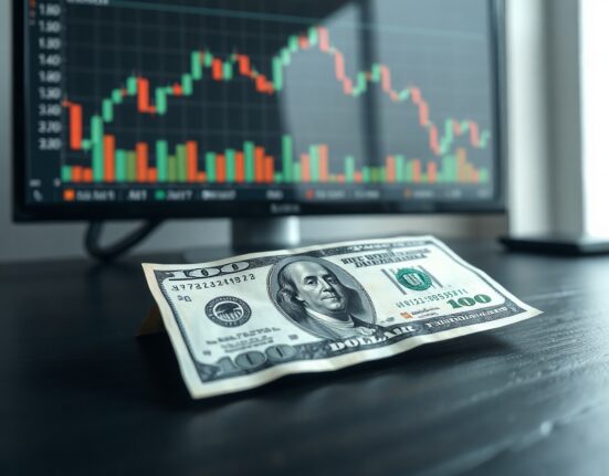 US dollar banknote on desk with forex chart on monitor in background