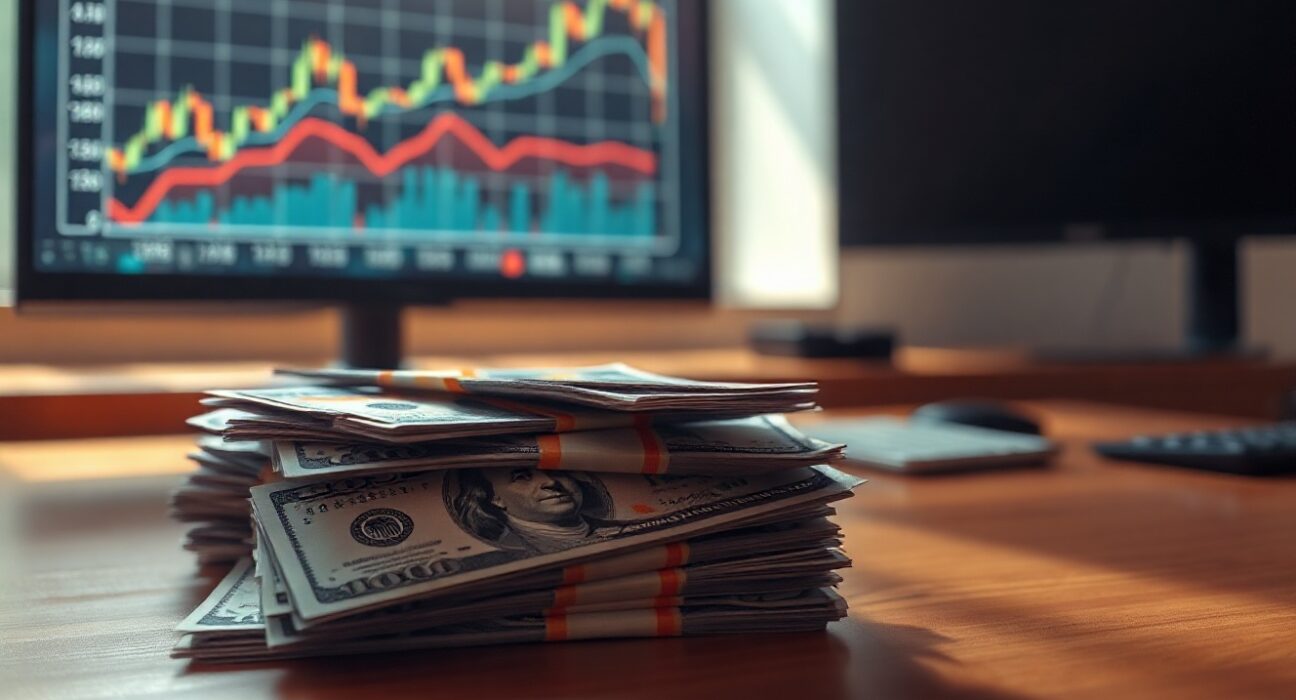 Stack of US dollar bills on desk with financial chart on monitor in background