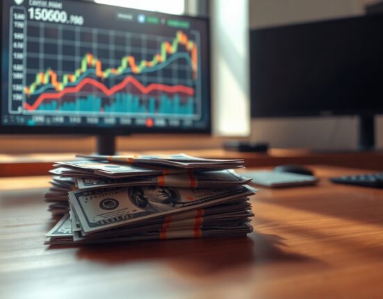 Stack of US dollar bills on desk with financial chart on monitor in background