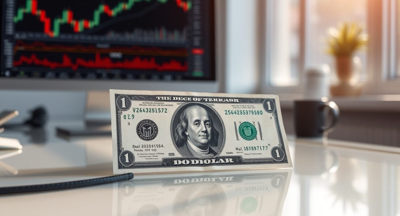 Close-up of a US dollar bill on a financial analyst's desk with charts in the background