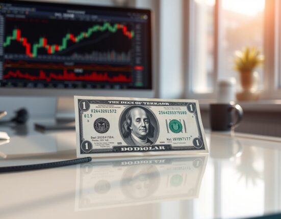Close-up of a US dollar bill on a financial analyst's desk with charts in the background