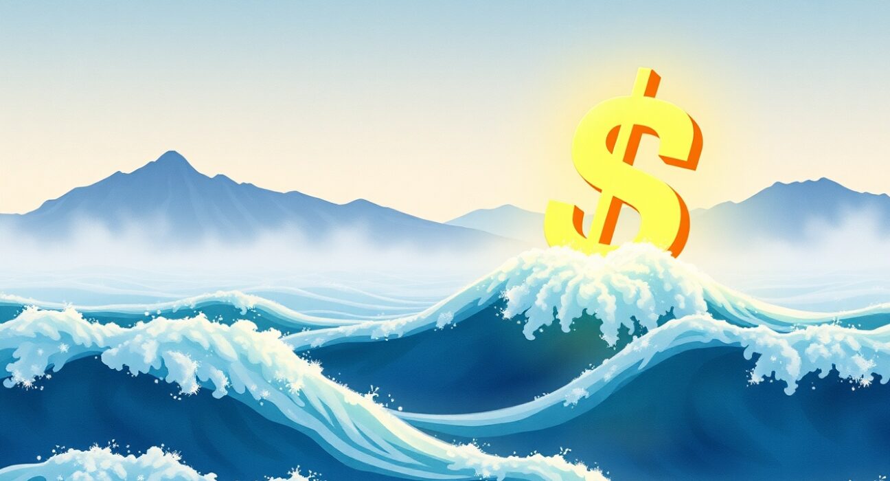 US Dollar symbol rising above turbulent trade waves in forex market analysis