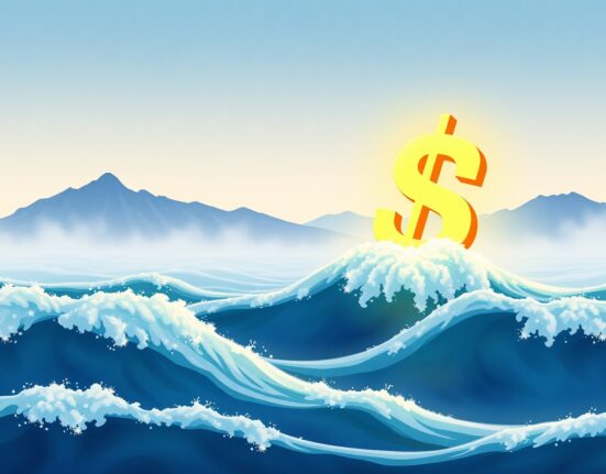 US Dollar symbol rising above turbulent trade waves in forex market analysis