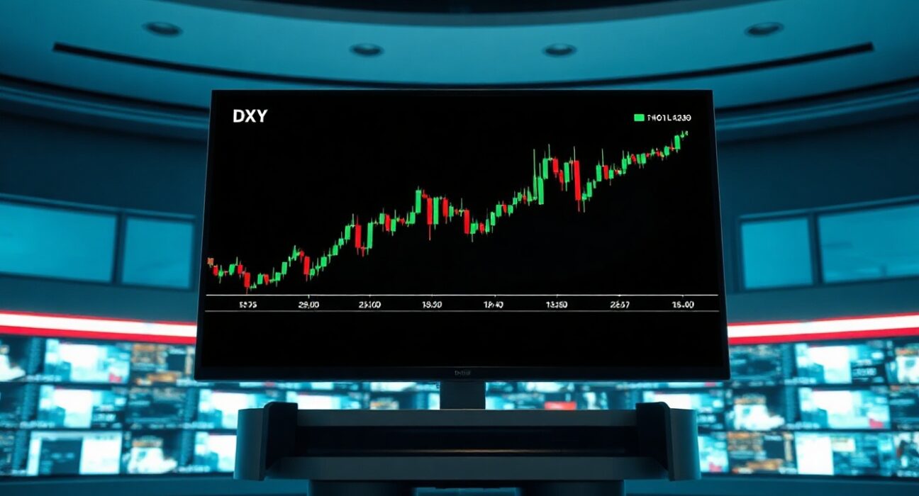 Financial newsroom monitor displaying US Dollar index chart showing upward rebound after inflation data release.