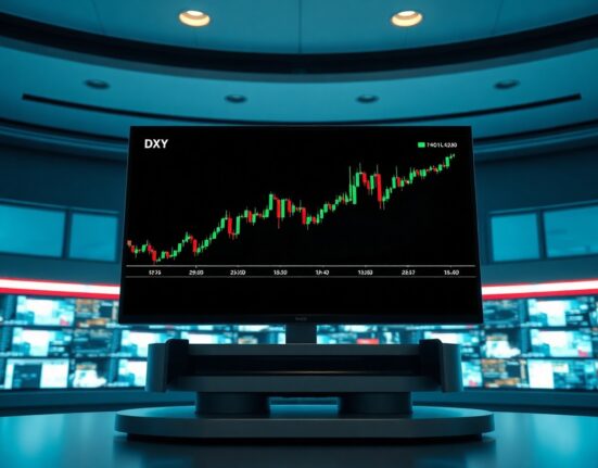 Financial newsroom monitor displaying US Dollar index chart showing upward rebound after inflation data release.