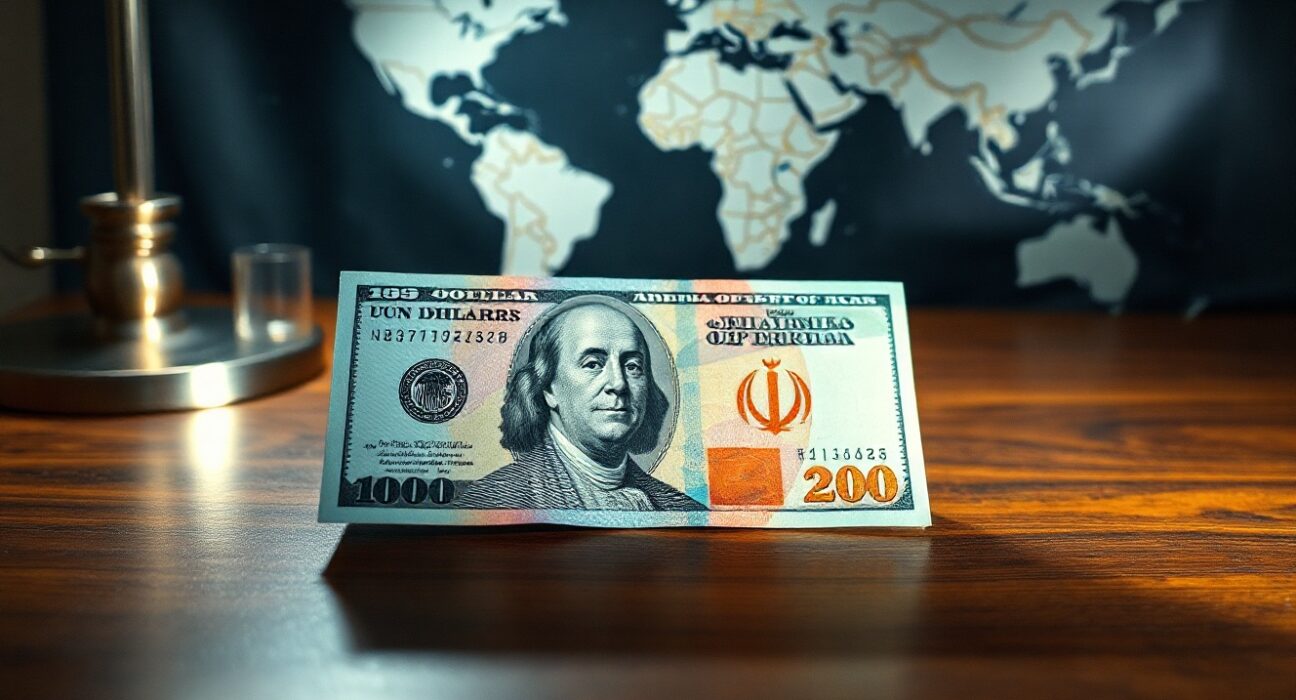US Dollar and Iranian Rial banknotes on a desk with a world map background, representing forex and geopolitical news.
