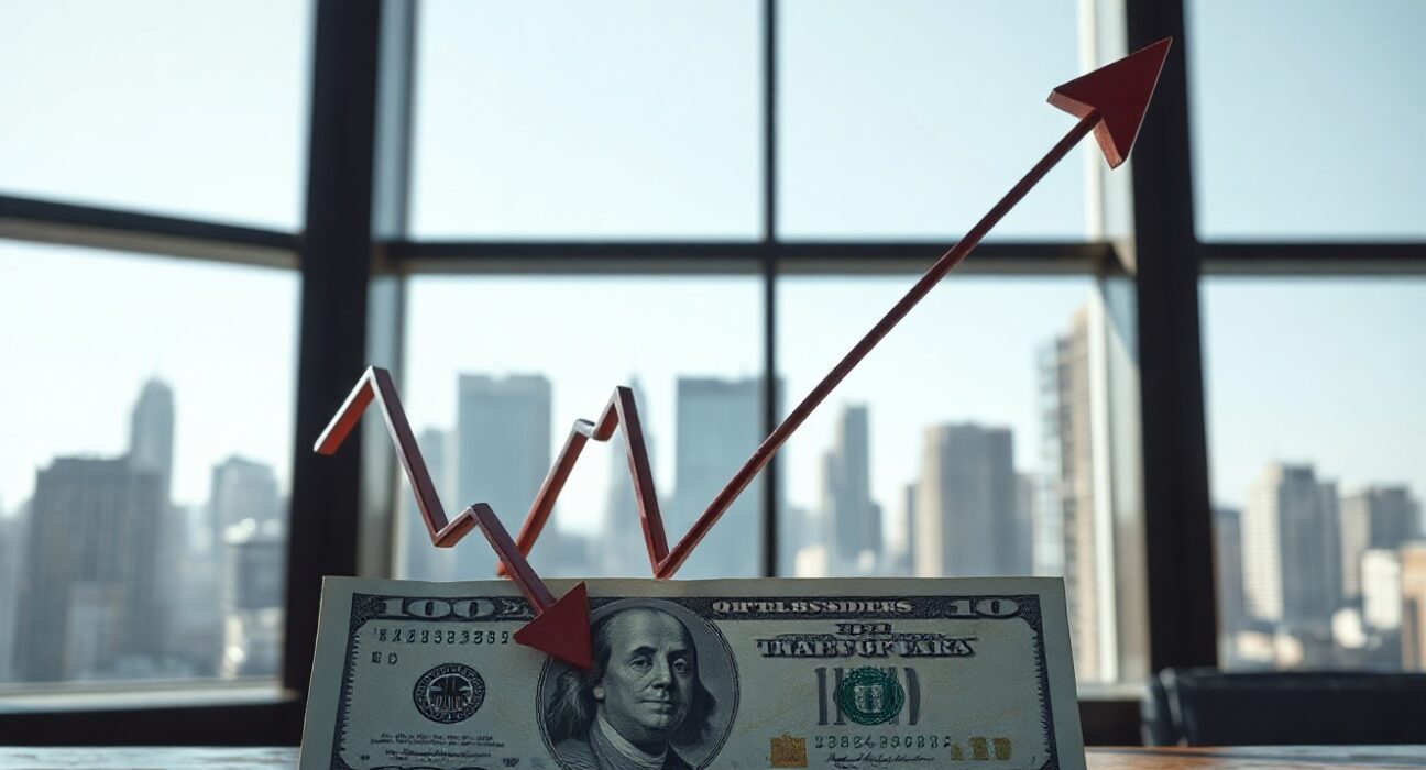 US dollar banknote with a downward arrow on a financial chart in an office setting