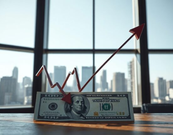 US dollar banknote with a downward arrow on a financial chart in an office setting