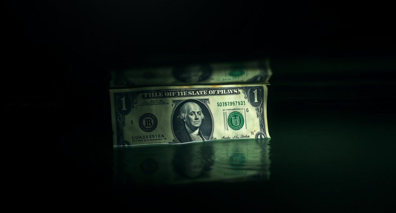 Weathered US dollar bill partially submerged in water, symbolizing questions about its reserve currency status.