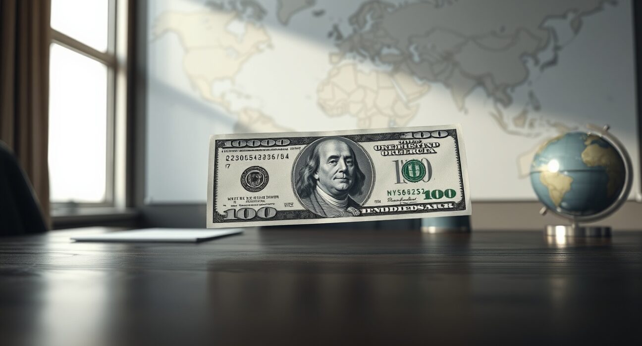 US dollar banknote on desk with world map in background representing global forex and geopolitical risk analysis