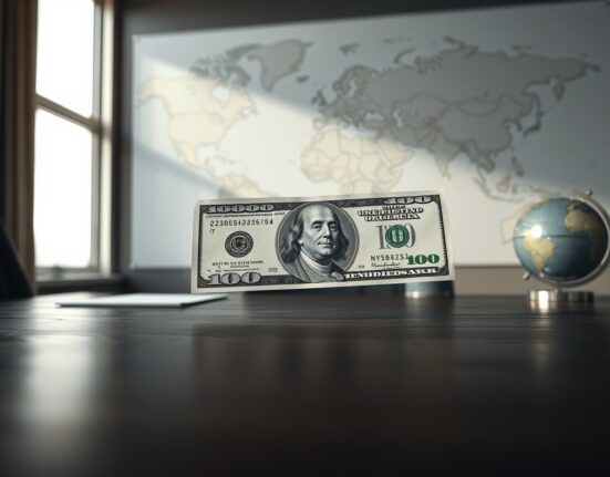 US dollar banknote on desk with world map in background representing global forex and geopolitical risk analysis
