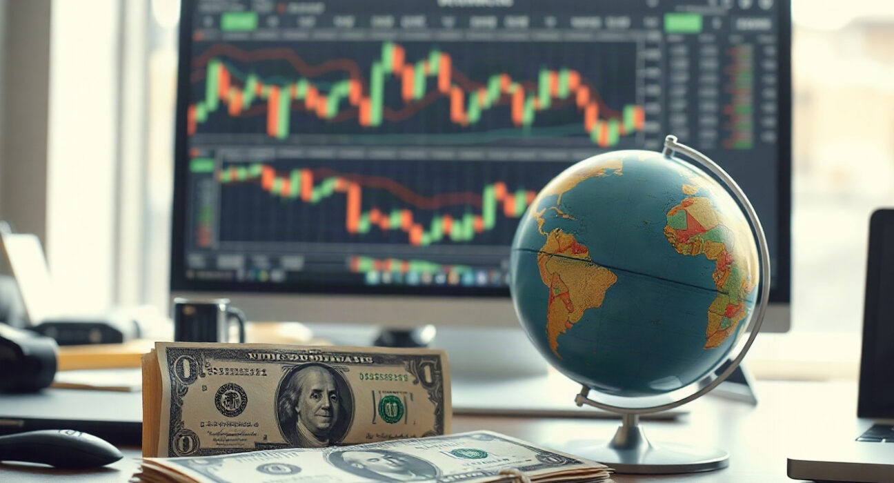 US dollar banknotes and a globe on a financial desk with trading charts in background