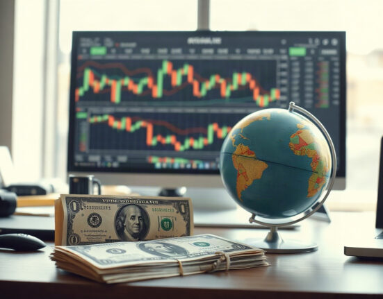 US dollar banknotes and a globe on a financial desk with trading charts in background