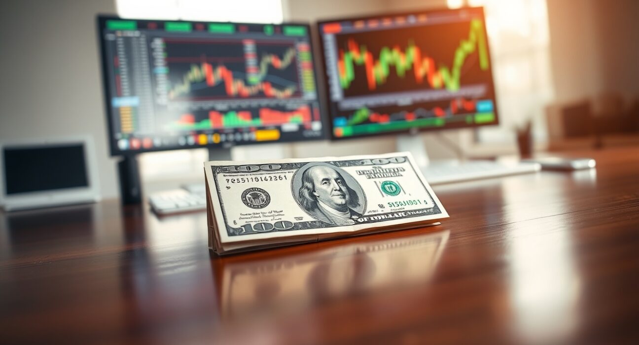 US Dollar banknote on a desk with financial charts in the background