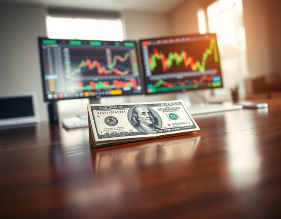 US Dollar banknote on a desk with financial charts in the background