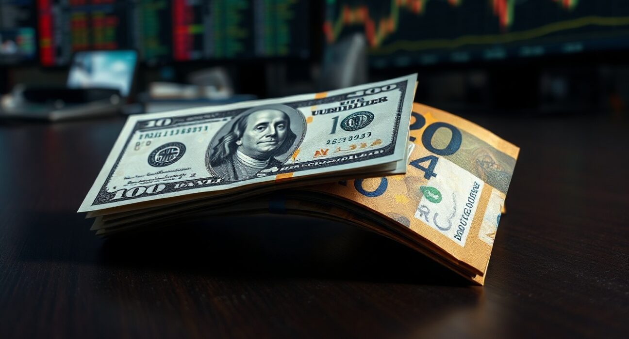 US Dollar and Euro banknotes on a dark surface, representing forex market movement.