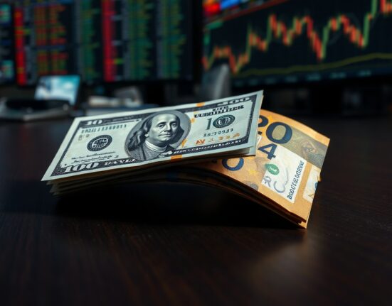 US Dollar and Euro banknotes on a dark surface, representing forex market movement.