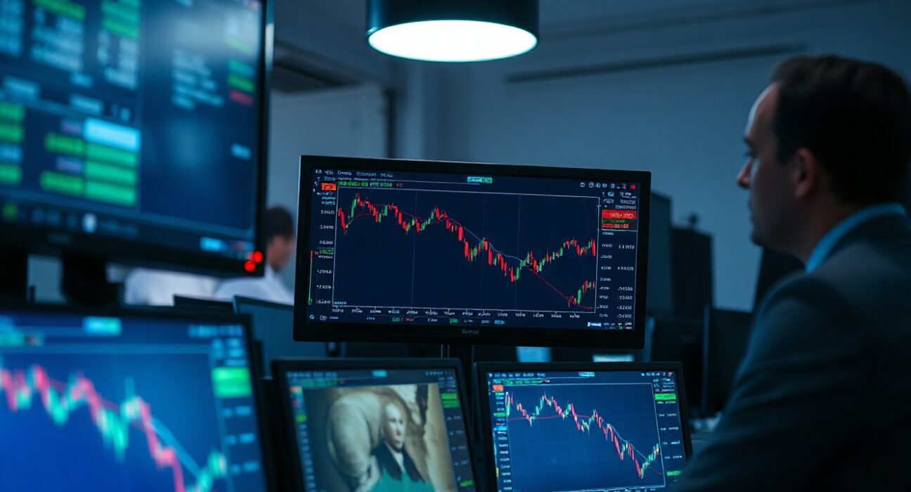 Forex trading desk with monitors showing US Dollar index charts and currency exchange rates
