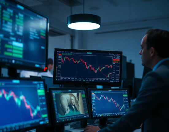 Forex trading desk with monitors showing US Dollar index charts and currency exchange rates