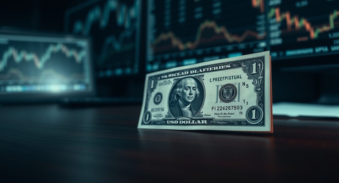 Close-up of a US dollar banknote on a desk with blurred financial charts in background