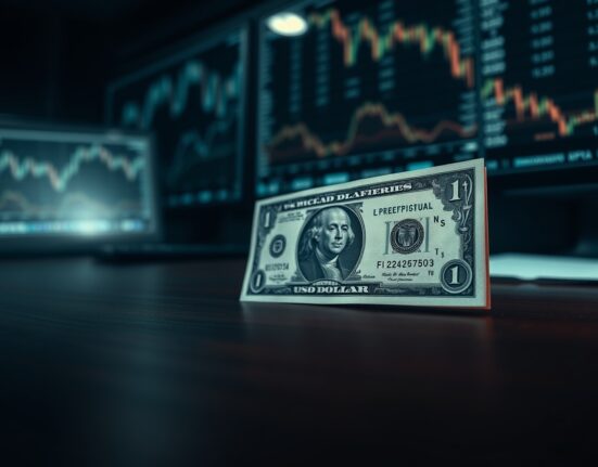 Close-up of a US dollar banknote on a desk with blurred financial charts in background