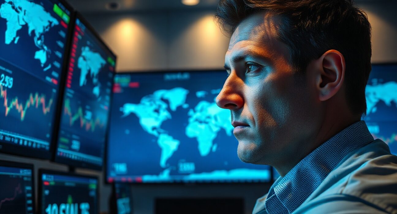 Trader monitoring currency exchange charts on multiple screens in a modern trading floor