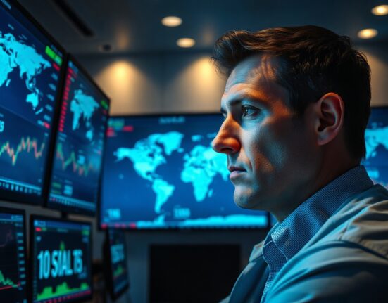 Trader monitoring currency exchange charts on multiple screens in a modern trading floor