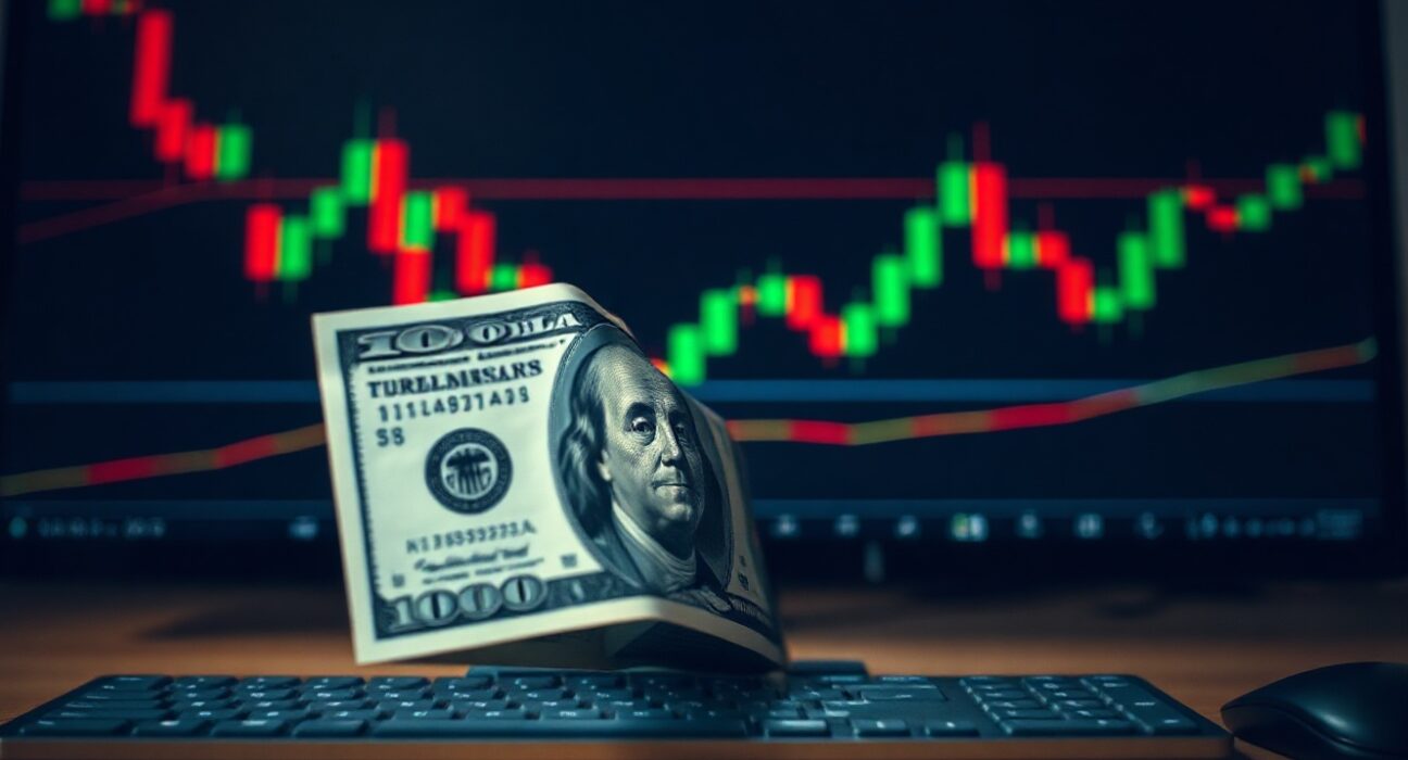 Close-up of a US Dollar banknote on a trading desk with financial charts in the background.