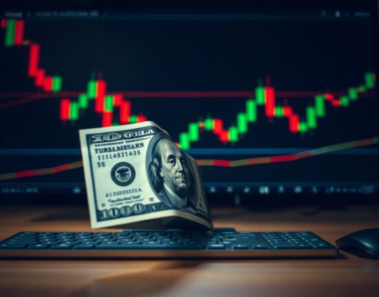 Close-up of a US Dollar banknote on a trading desk with financial charts in the background.