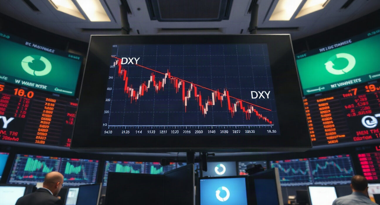 Trading screen showing a declining US dollar index chart in a professional trading environment.