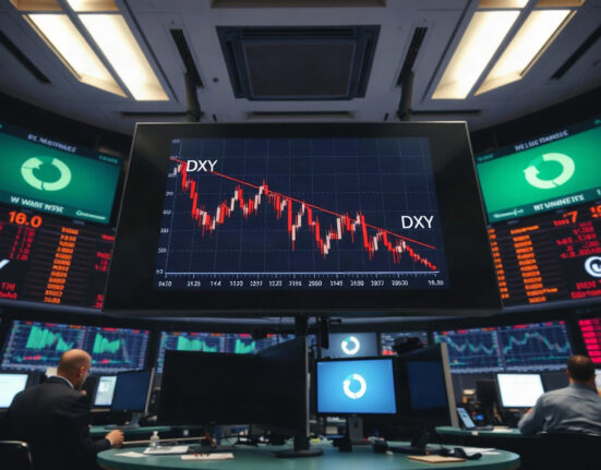 Trading screen showing a declining US dollar index chart in a professional trading environment.